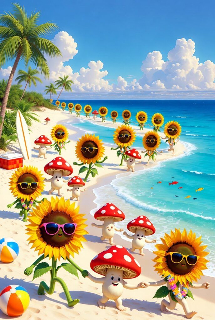 A humanoid mushroom and sunflower conga line stretches into the distance in a vibrant tropical beach seen, beachballs dot the sand.