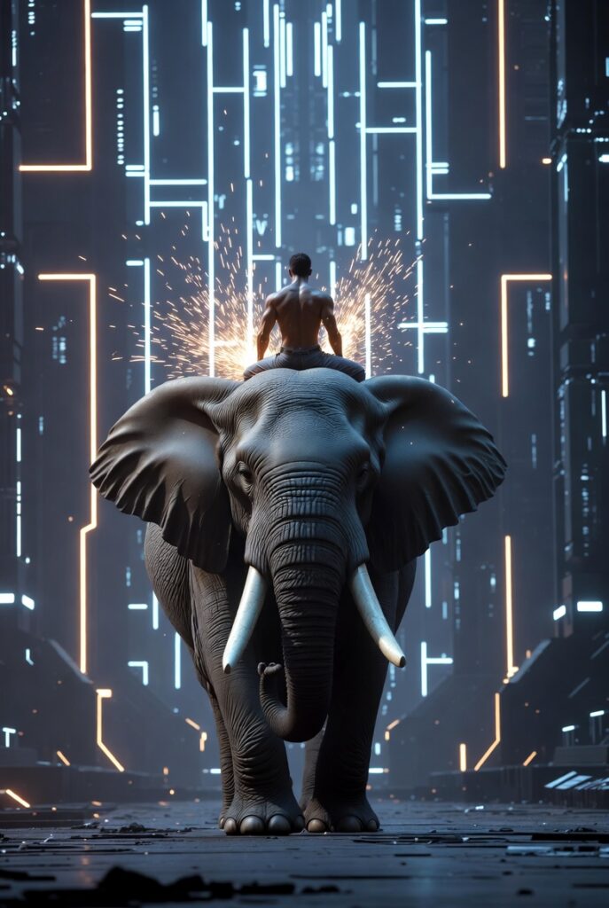 A muscular man emitting sparks rides atop a large elephant that is facing the camera in a cyber landscape.